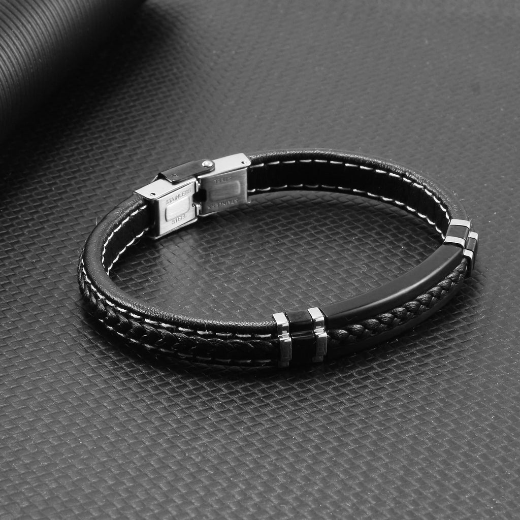 Leather Vintage Wristband Men Retro Stainless Steel Clasp Bracelet