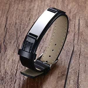 Men's Leather Bracelet Stainless Steel Bar Wrap Wrist