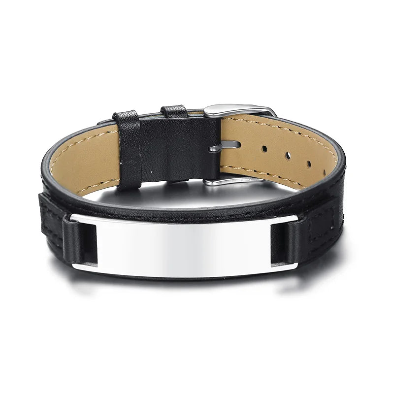 Men's Leather Bracelet Stainless Steel Bar Wrap Wrist