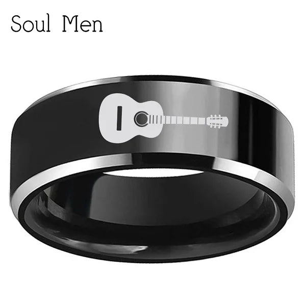 Men's Music Guitar Engraved Ring 8mm Tungsten Carbide Band