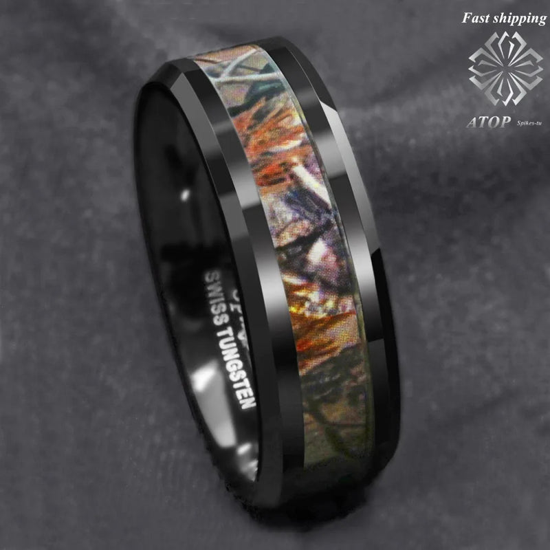 Men's Tungsten Red Forest Camouflage Band Ring Size 6-13