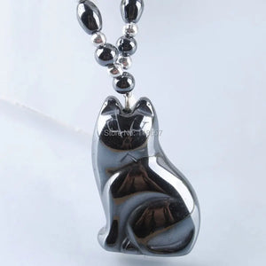 Hematite Beads Cat Pendant Necklace 17.5 Inches Jewelry