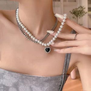 Vintage Peach Heart Pearl Pendant Double Layer Necklace