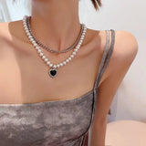 Vintage Peach Heart Pearl Pendant Double Layer Necklace
