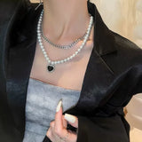 Vintage Peach Heart Pearl Pendant Double Layer Necklace