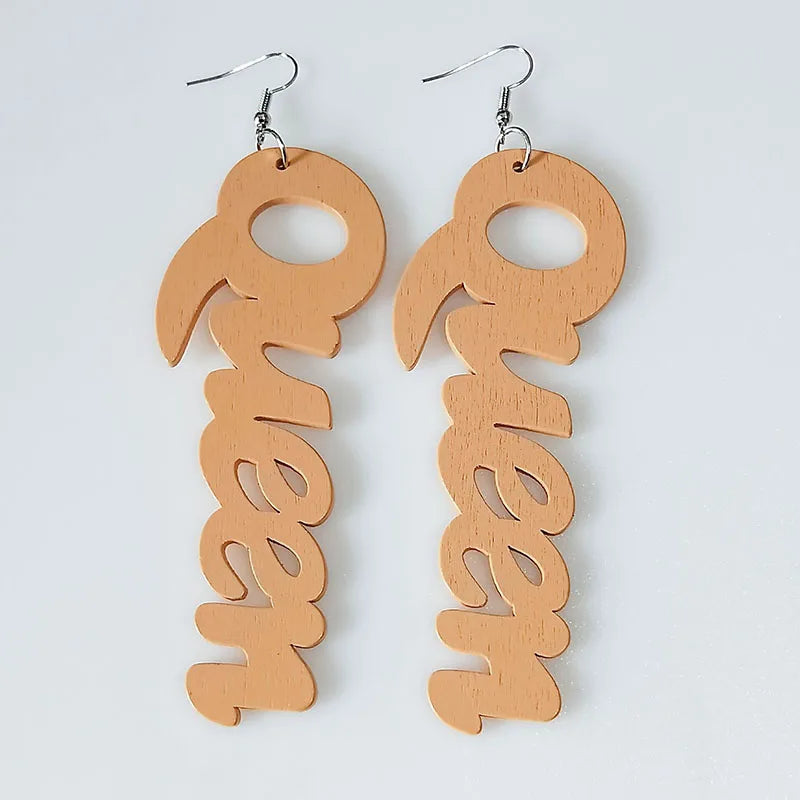 Queen Wood Africa Hollow Out Queen Letters Earrings