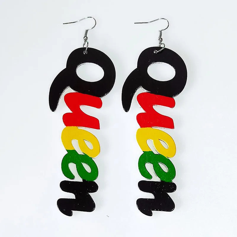 Queen Wood Africa Hollow Out Queen Letters Earrings