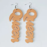 Queen Wood Africa Hollow Out Queen Letters Earrings