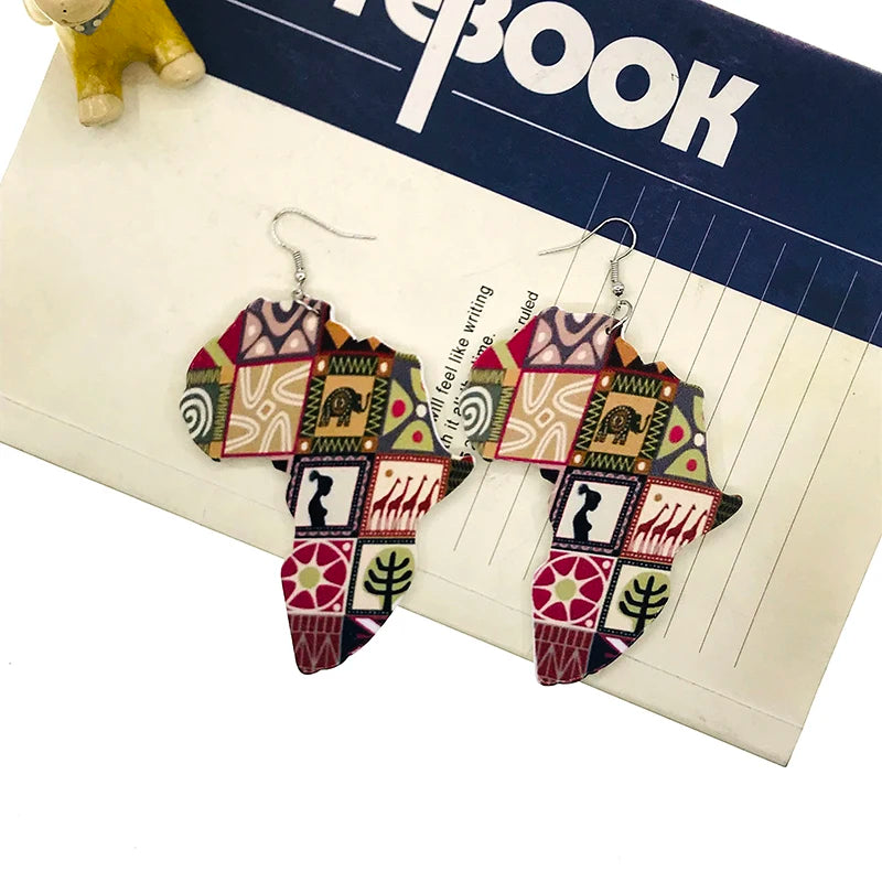 Queen Wood Africa Map Ankh Earring Vintage Party African Afro Jewelry