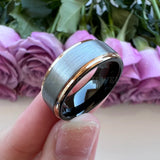 8mm Tungsten Wedding Ring Brushed Finish Stepped Edges Drop Comfort Fit
