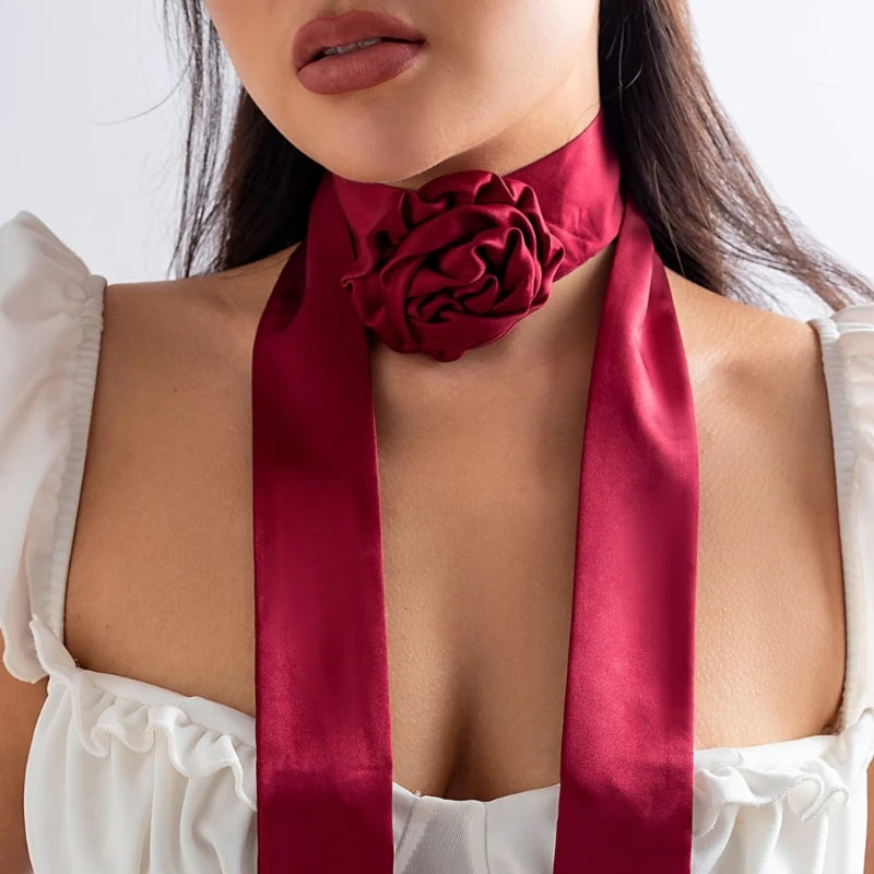 Satins Necklace Camellia Choker Collar Chain for Women Girls Jewelry-Decor
