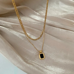 Square Pendant Double Layer Stainless Steel Necklaces Silver Clavicle Chains