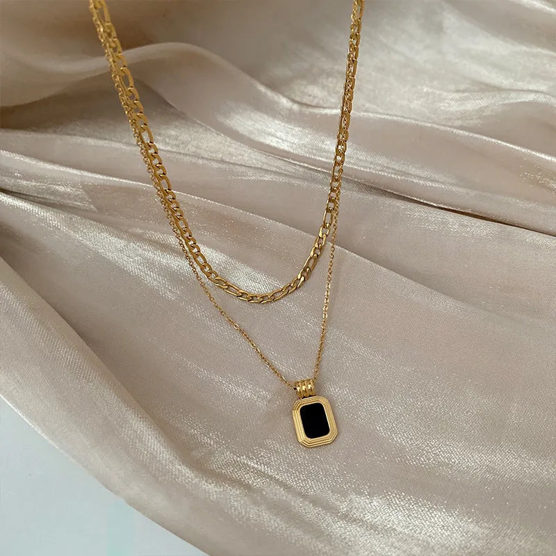 Square Pendant Double Layer Stainless Steel Necklaces Silver Clavicle Chains