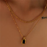 Square Pendant Double Layer Stainless Steel Necklaces Silver Clavicle Chains