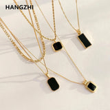 Square Pendant Double Layer Stainless Steel Necklaces Silver Clavicle Chains