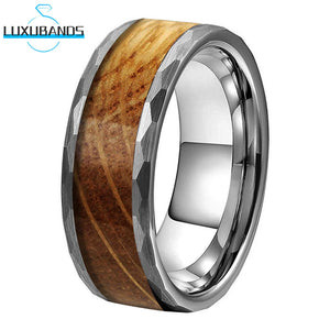 Tungsten Carbide Ring Whiskey Barrel Wood Inlay Brushed Finish