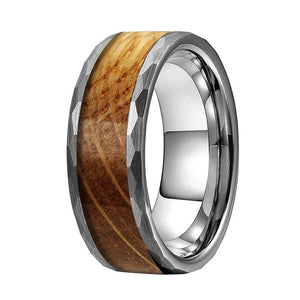 Tungsten Carbide Ring Whiskey Barrel Wood Inlay Brushed Finish