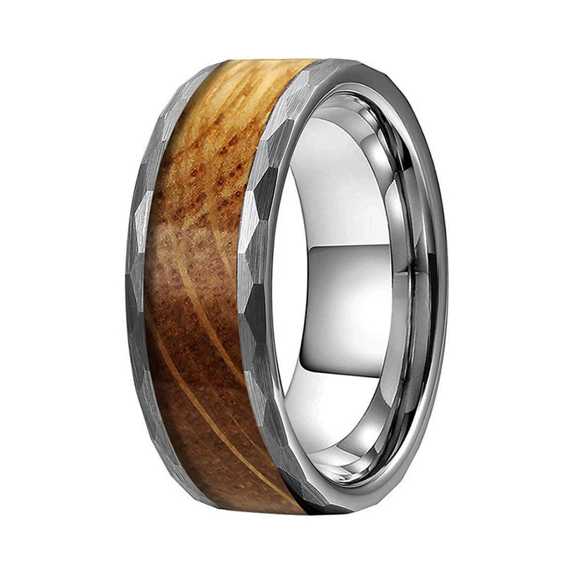 Tungsten Carbide Ring Whiskey Barrel Wood Inlay Brushed Finish