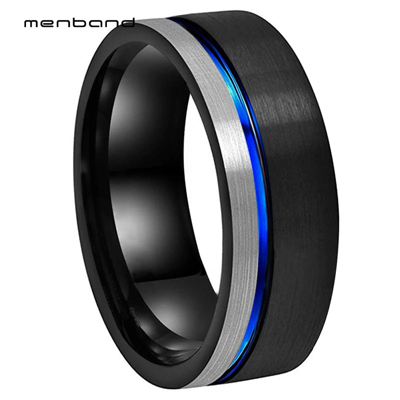 Tungsten Carbide Wedding Ring 8MM Offset Groove Flat Band Brushed Finish