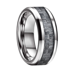 Tungsten Carbide Wedding Ring Grey Carbon-Fiber Inlay 8mm Beveled Edges Polished