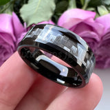 Tungsten Carbide Wedding Ring Grey Carbon-Fiber Inlay 8mm Beveled Edges Polished