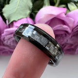 Tungsten Carbide Wedding Ring Grey Carbon-Fiber Inlay 8mm Beveled Edges Polished