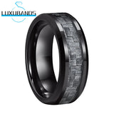 Tungsten Carbide Wedding Ring Grey Carbon-Fiber Inlay 8mm Beveled Edges Polished