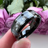 Tungsten Carbide Wedding Ring Grey Carbon-Fiber Inlay 8mm Beveled Edges Polished