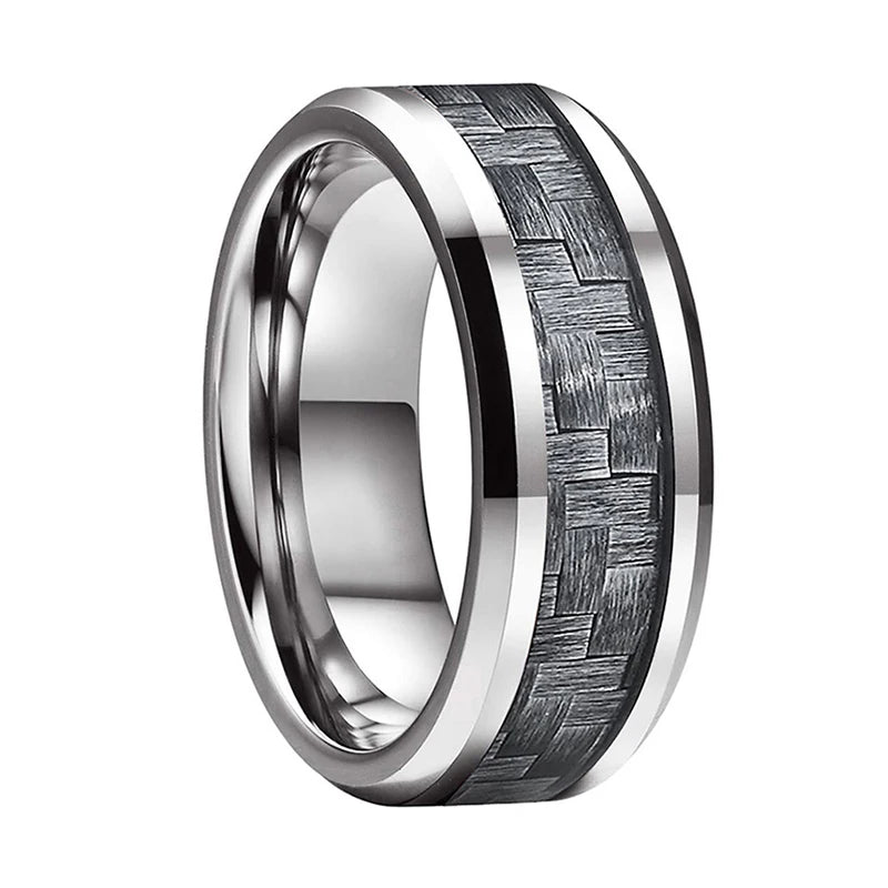 Tungsten Carbide Wedding Ring Grey Carbon-Fiber Inlay 8mm Beveled Edges Polished