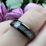Tungsten Carbide Wedding Ring Grey Carbon-Fiber Inlay 8mm Beveled Edges Polished