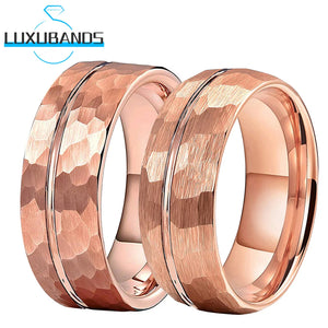 Tungsten Wedding Ring Hammered Flat Domed Band Rose Gold Color