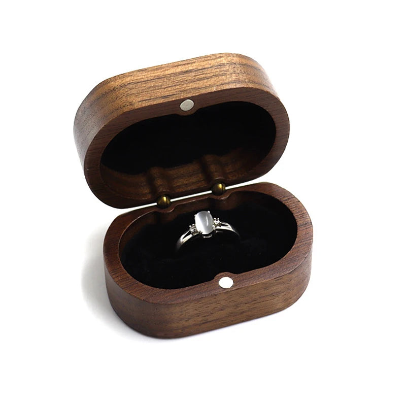 Vintage Wooden Ring Storage Box Walnut Oval Jewelry Proposal Ring Box