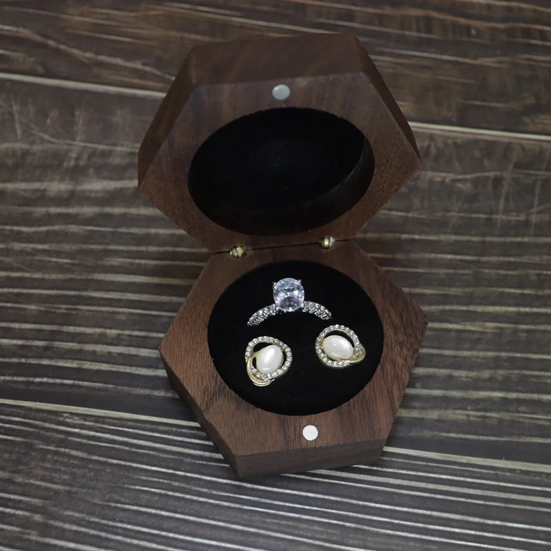 Walnut Solid Wood Wedding Engagement Personalized Name Pair Ring Case