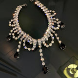 Water Drop Crystal Choker Necklace Long Tassel Rhinestone Statement Jewelry