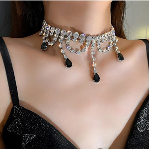 Water Drop Crystal Choker Necklace Long Tassel Rhinestone Statement Jewelry