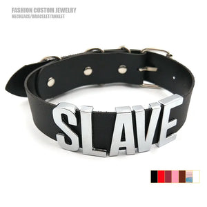 Wide Leather Choker Collar Silver Large Letters Slave Name Necklaces