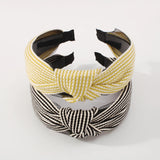 Yellow Striped Knotted Headband Wide Turban Hairband Cross Knot Hair Hoop