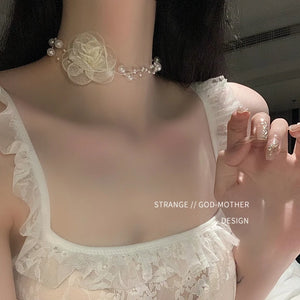 Rose Pearl Choker Necklace for Women - Small Light Collar Chain