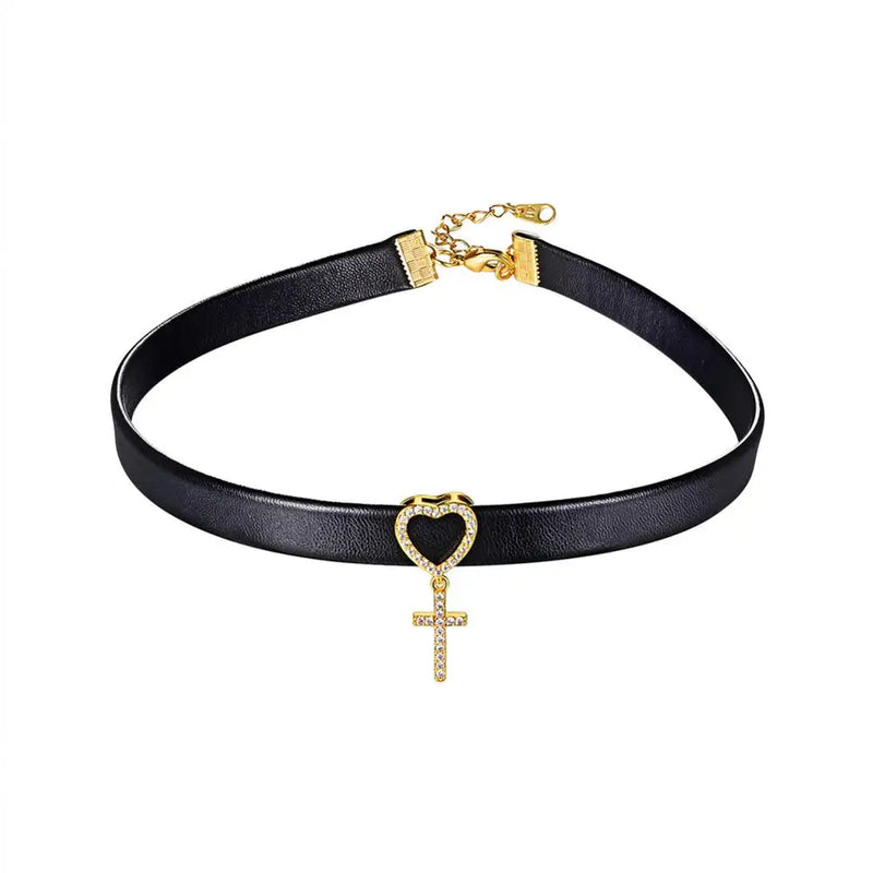 Women's Leather Choker with Cross Charm Necklace