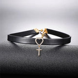 Women's Leather Choker with Cross Charm Necklace