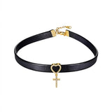 Women's Leather Choker with Cross Charm Necklace