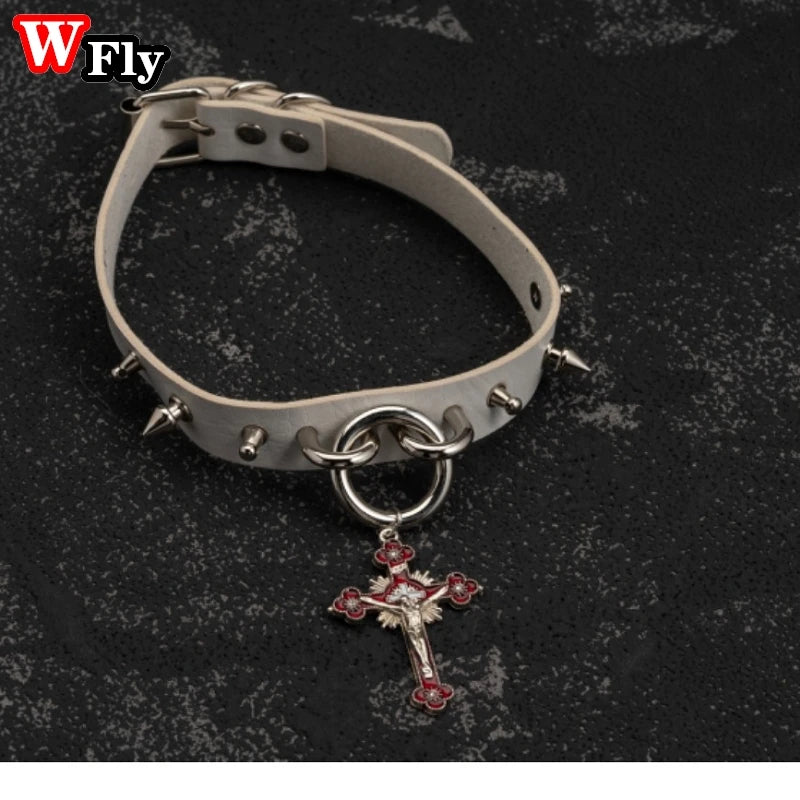 Rivet Belt Cross Collar Necklace Girl Rock Hip Hop Gothic Lolita Cosplay