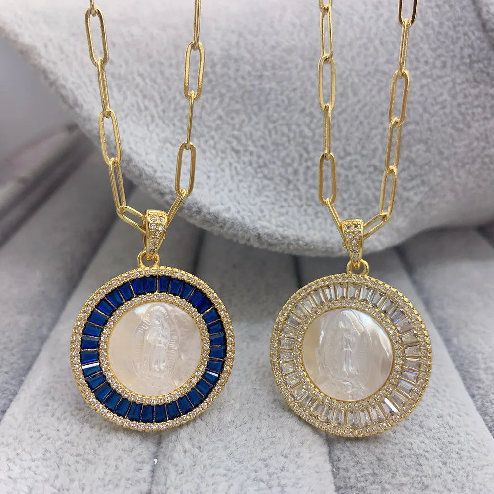 Virgin Guadalupe Pendant Necklace Zircon Natural Shell Jewelry