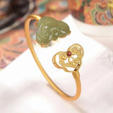 Retro Ruyi Women's Opening Bracelet Silver Gilding Hetian Jade Gray Jade