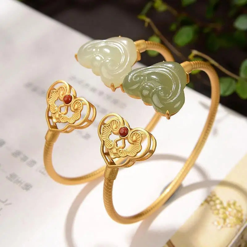 Retro Ruyi Women's Opening Bracelet Silver Gilding Hetian Jade Gray Jade