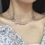 Zircon Love Pull Choker Necklace High-Def Sweet Pink Bling Bling Chain