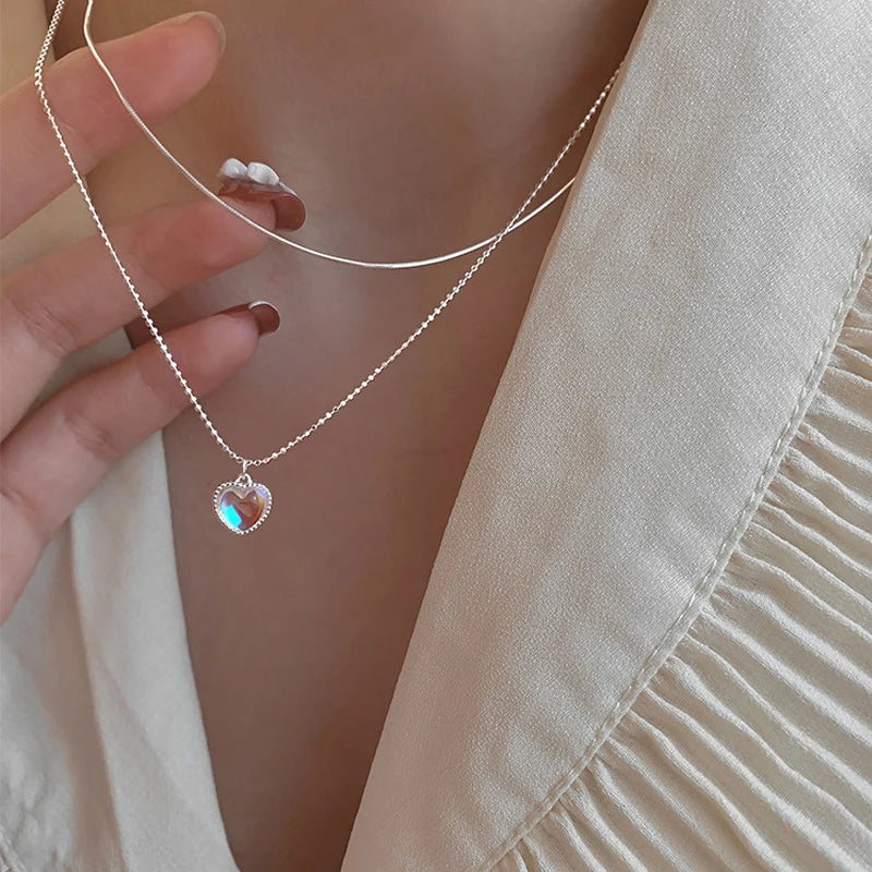 925 Silver Layer Chain Heart Necklace for Women