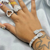CZ Double Heart Open Bangle Bracelet Men Women Icy Jewelry