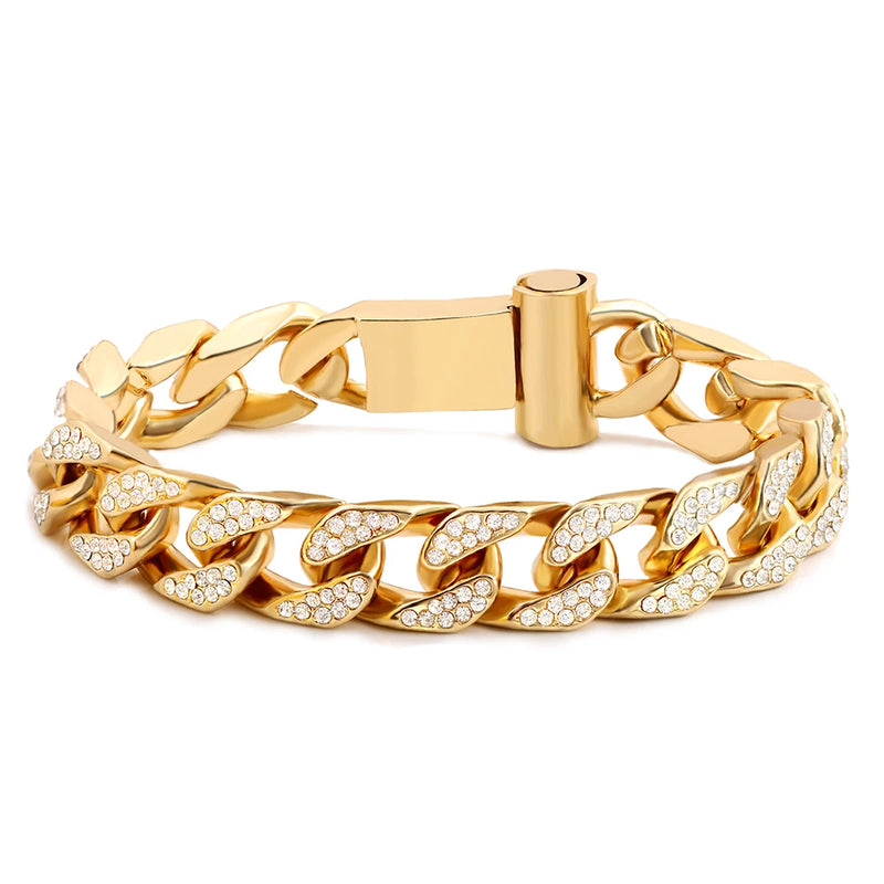 Bling Hip Hop Iced Out Chain Cuban Bracelet Men Women Silver Miami Bracelet