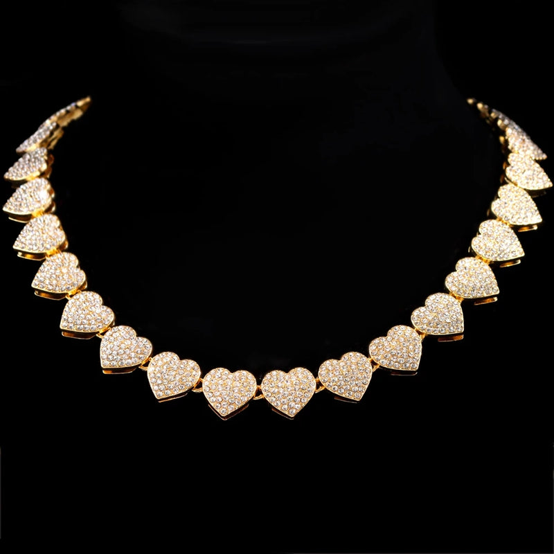 Crystal Heart Cuban Link Chain Necklace for Women Hip Hop Iced Out Choker